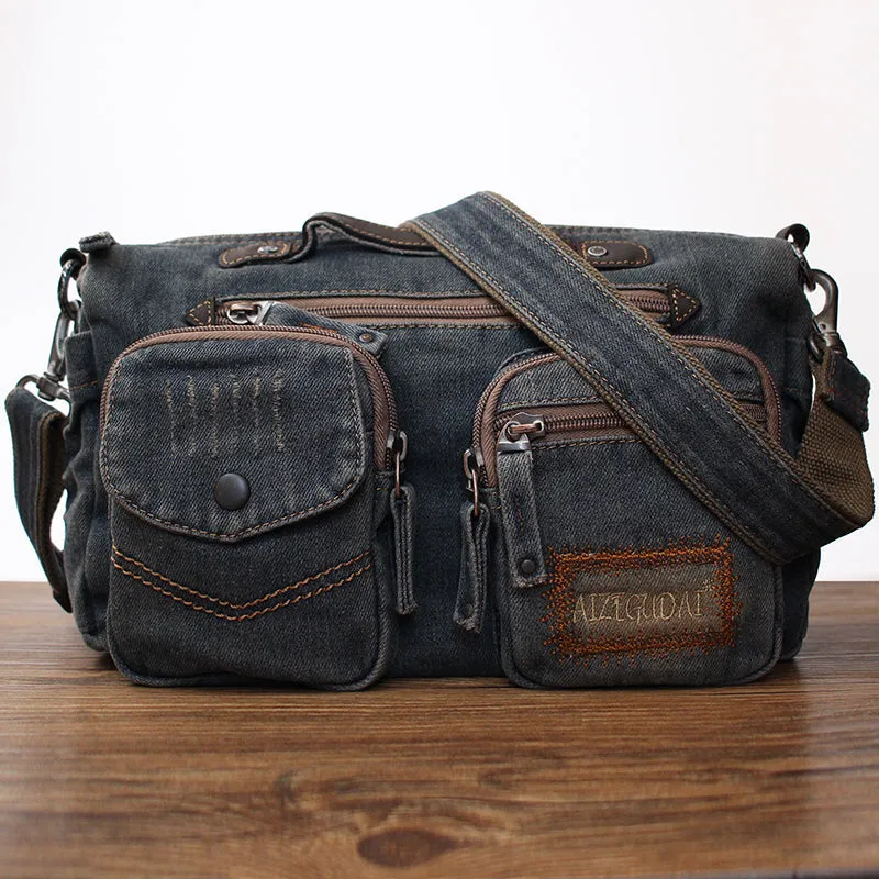 Blue Denim Side Bag Mens Denim Messenger Bag Vintage Denim Crossbody Bag For Women