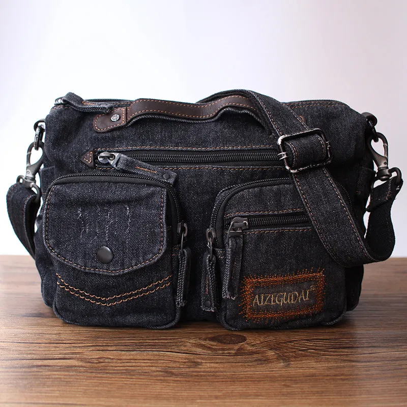 Blue Denim Side Bag Mens Denim Messenger Bag Vintage Denim Crossbody Bag For Women