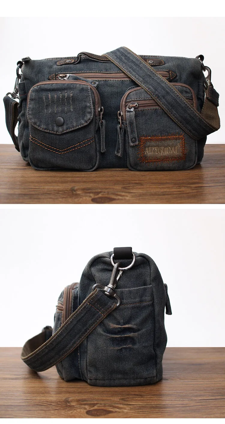 Blue Denim Side Bag Mens Denim Messenger Bag Vintage Denim Crossbody Bag For Women