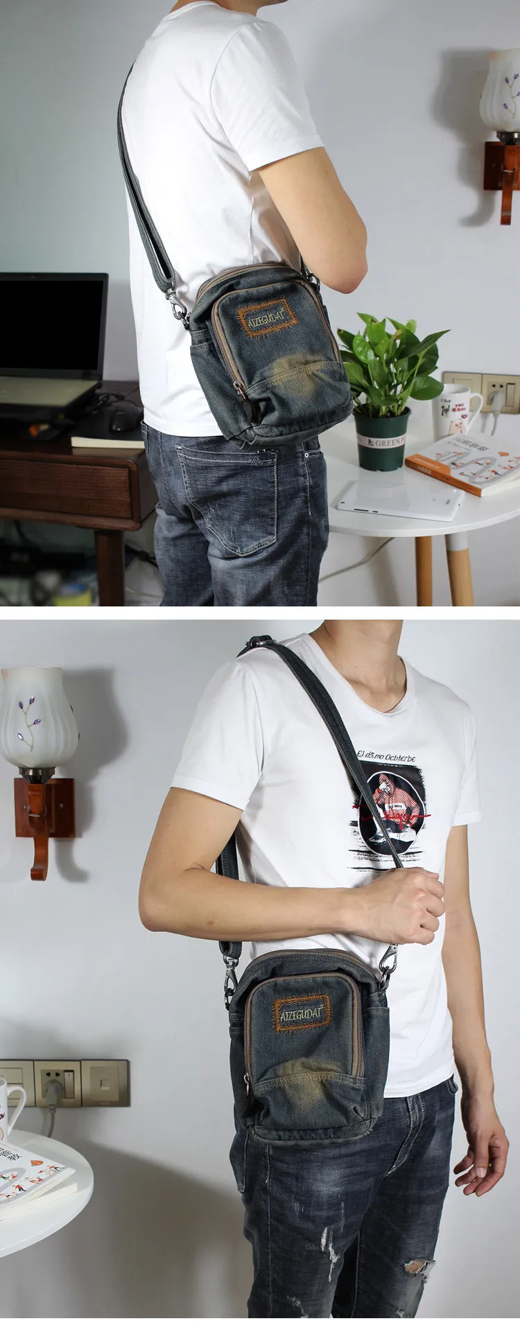 Blue Denim Womens Small Vertical Shoulder Bags Denim Side Bag Small Messenger Bag For Men
