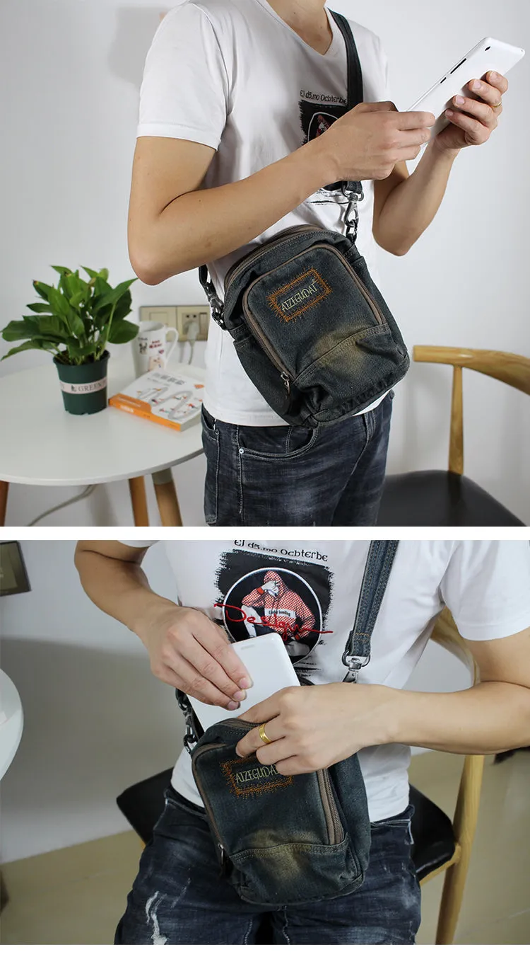 Blue Denim Womens Small Vertical Shoulder Bags Denim Side Bag Small Messenger Bag For Men