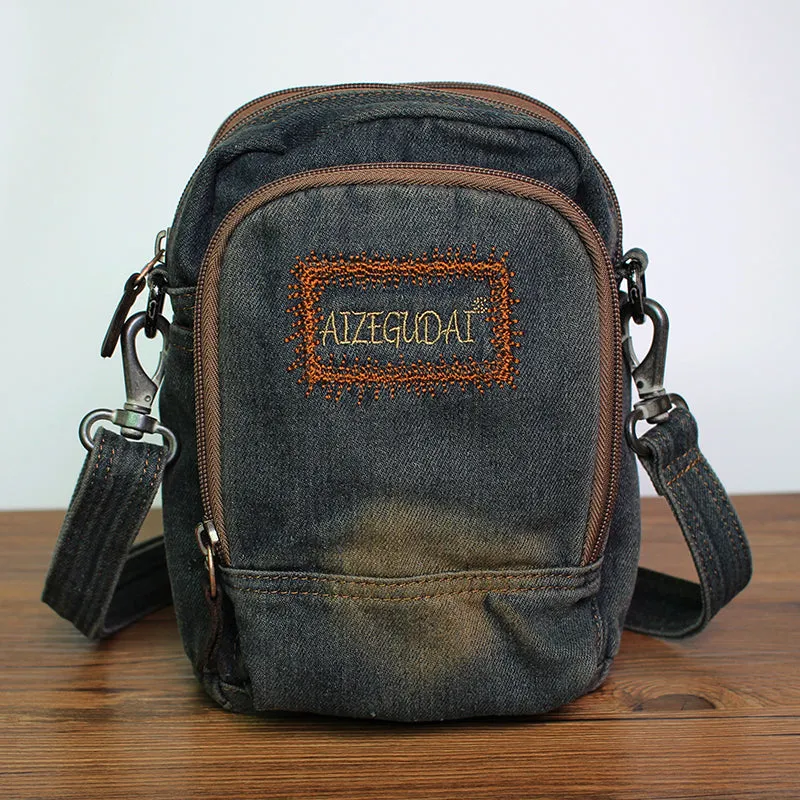 Blue Denim Womens Small Vertical Shoulder Bags Denim Side Bag Small Messenger Bag For Men