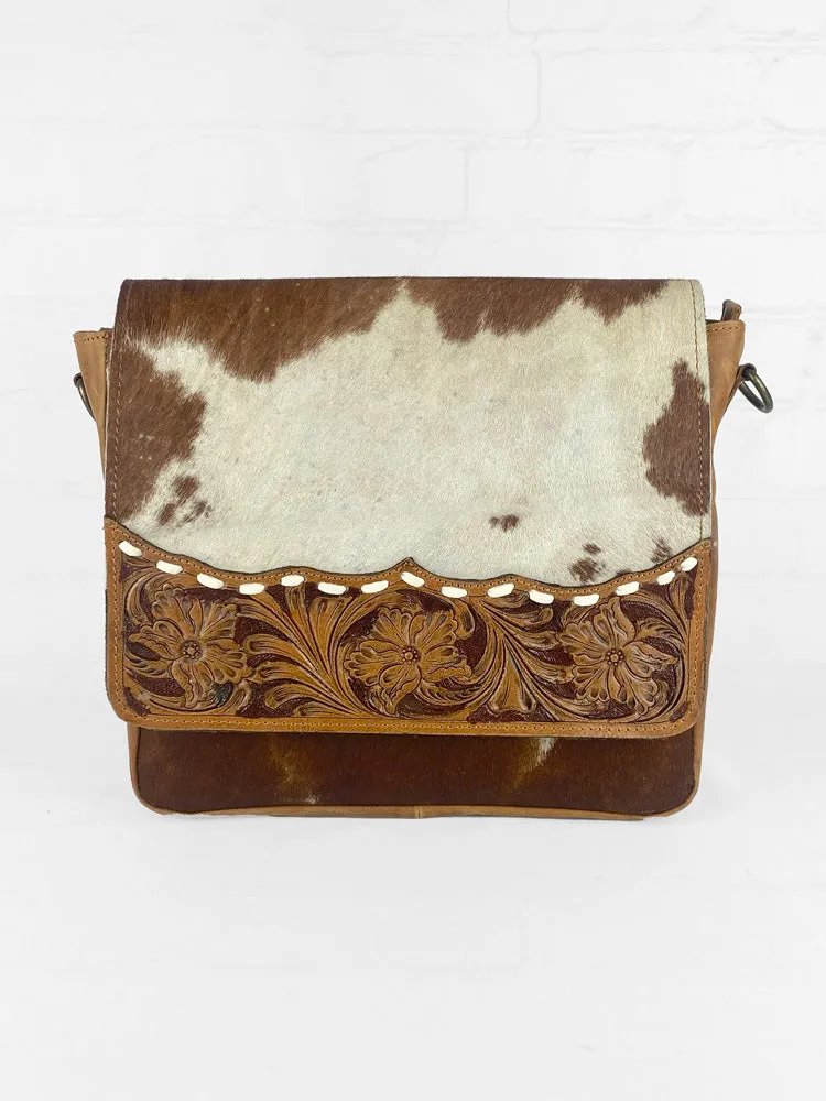 Cowhide & Tooled Leather Messenger Bag Purse